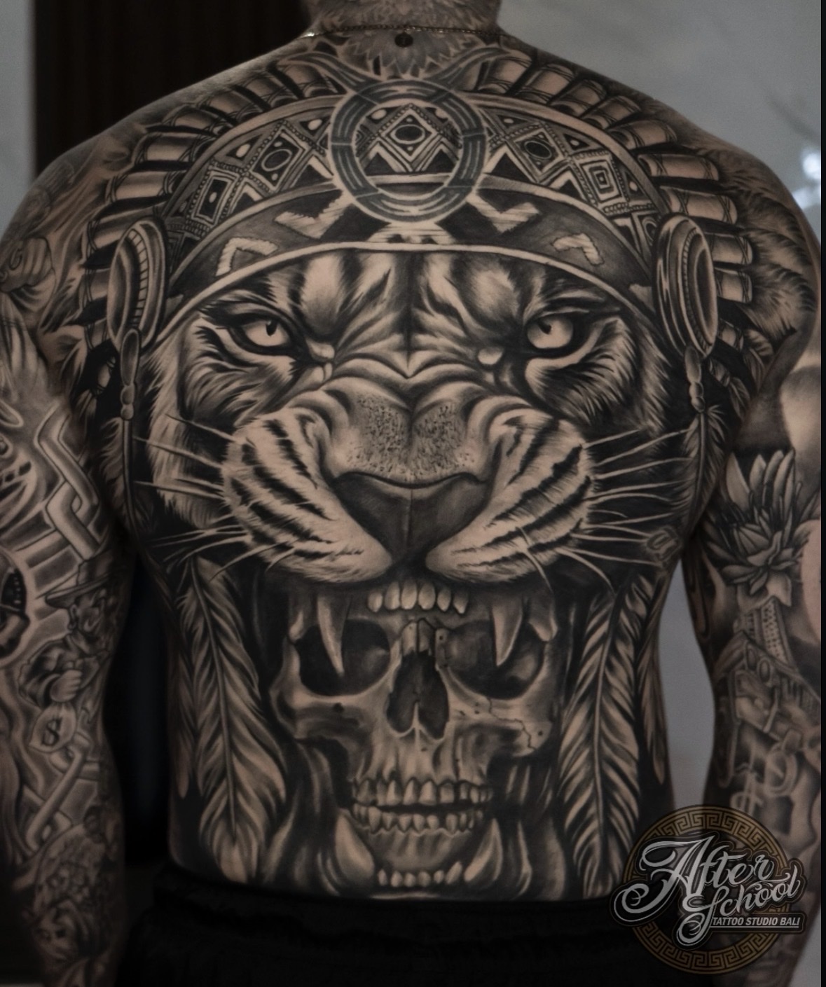 Fully healed black-and-grey tiger and skull back tattoo